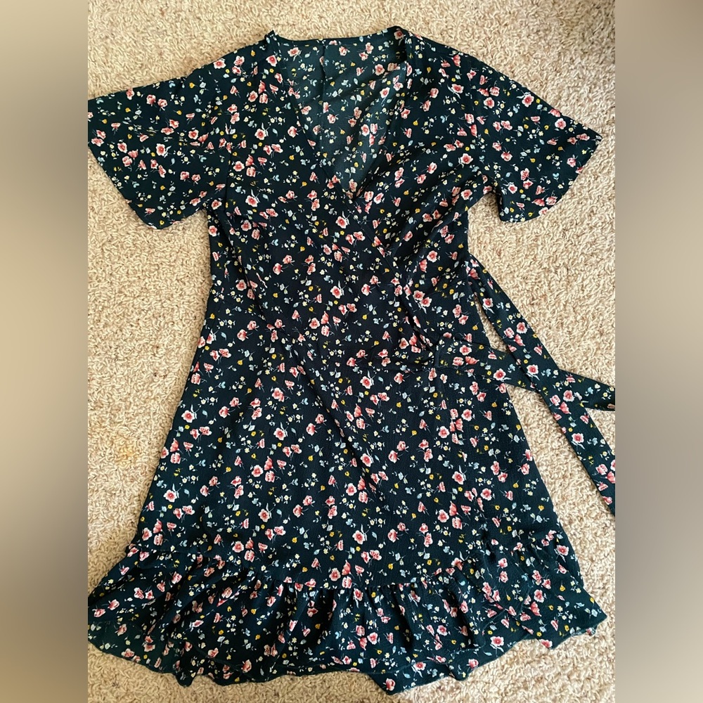 Green floral wrap dress, size small